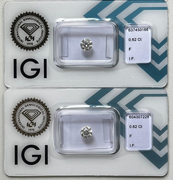 2 pcs Diamant  (Natur)  - 1.24 ct - Rund - F - IF - International Gemological Institute (IGI)