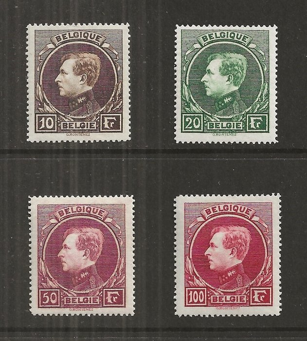 Belgien 1929 - Albert I type Montenez - 10F 20F 50F og 100F parisisk tryk (t14½) - OBP/COB 289/292