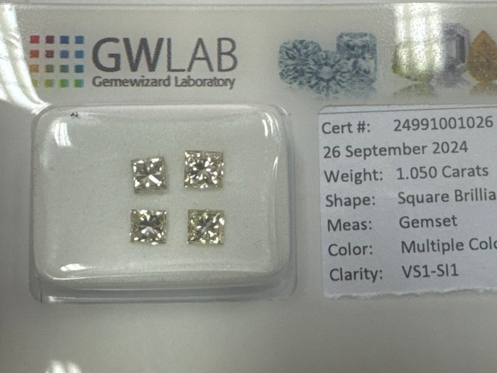 Ingen mindstepris - 4 pcs Diamant  (Natur)  - 1.05 ct - Kvadrat - SI1, VS1, VS2 - Gemewizard Gemological Laboratory (GWLab)