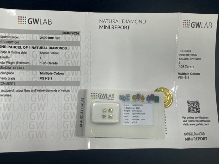 Ingen mindstepris - 4 pcs Diamant  (Natur)  - 1.05 ct - Kvadrat - SI1, VS1, VS2 - Gemewizard Gemological Laboratory (GWLab)