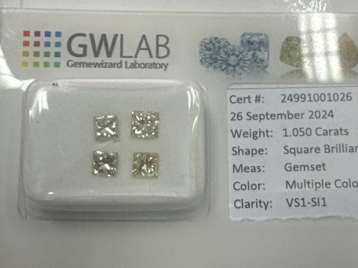 Ingen mindstepris - 4 pcs Diamant  (Natur)  - 1.05 ct - Kvadrat - SI1, VS1, VS2 - Gemewizard Gemological Laboratory (GWLab)