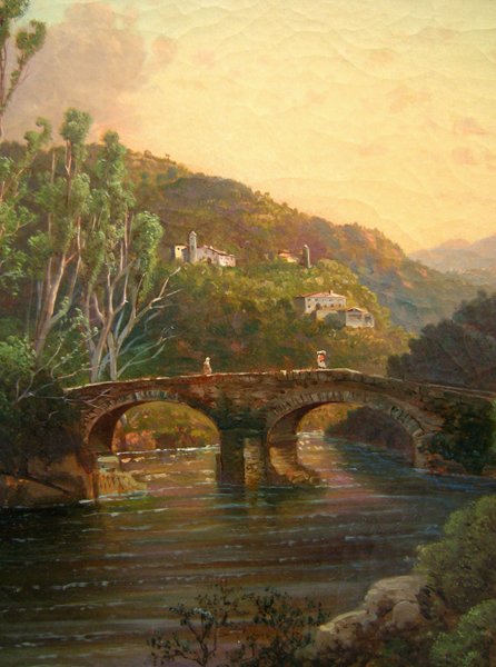 Andreas Marko (1824-1895), Attributed to - Tuscany evening landscape with a bridge and a village on the hill