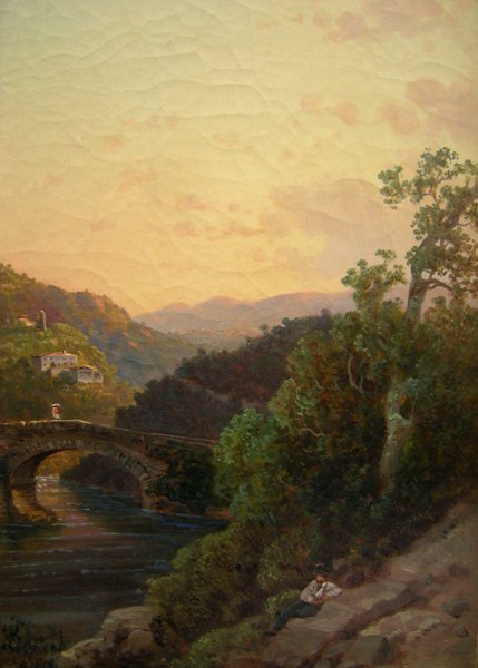 Andreas Marko (1824-1895), Attributed to - Tuscany evening landscape with a bridge and a village on the hill