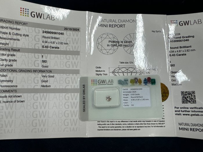 Ingen mindstepris - 1 pcs Diamant  (Natur)  - 0.43 ct - Rund - I - SI2 - Gemewizard Gemological Laboratory (GWLab)