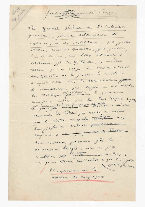 Frédéric Mistral - Article autographe "L'instituteur et la désertion des campagnes" - 1900