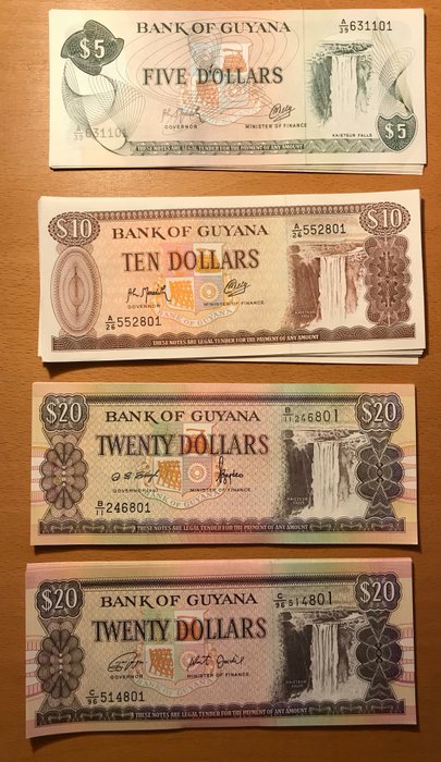 Guyana. - 10 x 5, 10 x 10 and 20 x 20 Dollars - various dates - (40 banknotes) - Pick  22f, 23f, 30f, 30b1  (Ingen mindstepris)