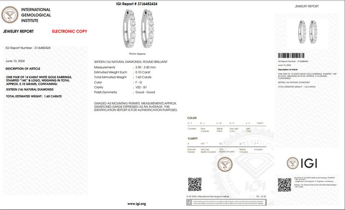 Øreringe - 14 karat Hvidguld -  160ct tw Diamant (Natur)