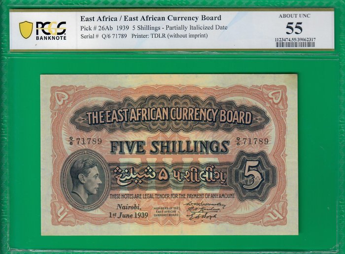 Østafrika. - 5 shillings 1/6/1939 - Pick 26Ab