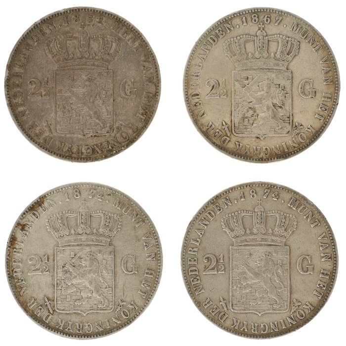 Holland. Willem III (1849-1890). 2½ Gulden 1852/1874 (4 stuks)  (Ingen mindstepris)