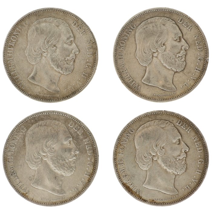 Holland. Willem III (1849-1890). 2½ Gulden 1852/1874 (4 stuks)  (Ingen mindstepris)