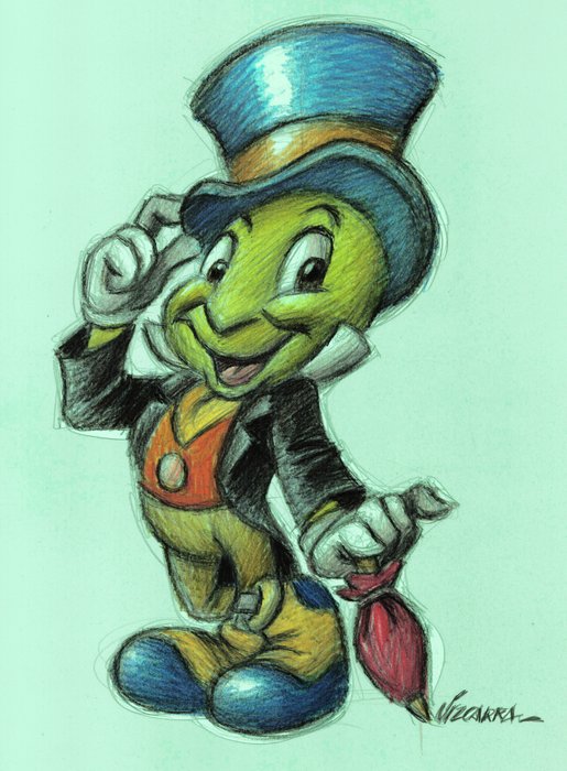 Joan Vizcarra - Jiminy Cricket: A Guiding Light - Pinocchio (Disney, 1940) - Original Drawing - Pencil Art