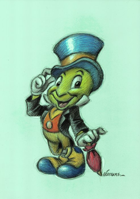 Joan Vizcarra - Jiminy Cricket: A Guiding Light - Pinocchio (Disney, 1940) - Original Drawing - Pencil Art