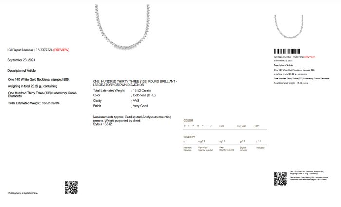 Halskæde - 14 karat Hvidguld -  16.52ct. tw. Diamant (Laboratoriedyrket) - D-E VVS Gratis fragt