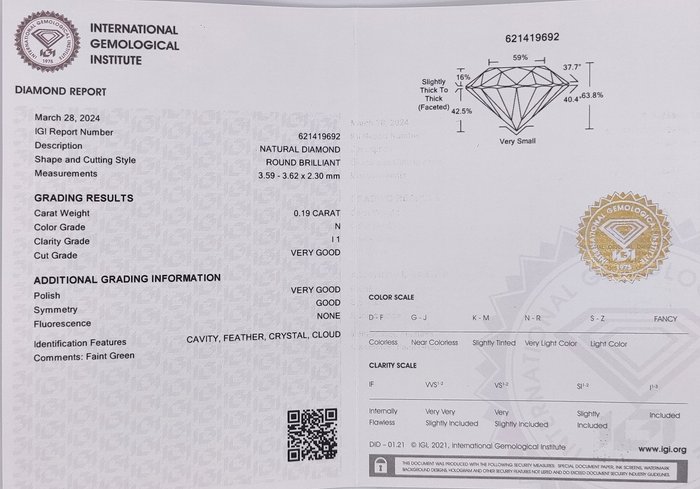 Ingen mindstepris - 1 pcs Diamant  (Natur)  - 0.19 ct - Rund - I1 - International Gemological Institute (IGI) - N