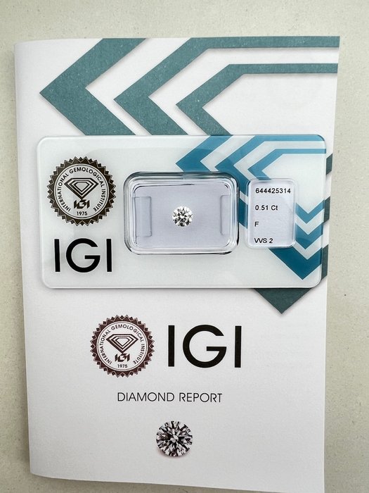 Ingen mindstepris - 1 pcs Diamant  (Natur)  - 0.51 ct - Rund - F - VVS2 - International Gemological Institute (IGI)