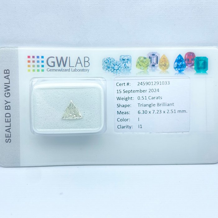 Ingen mindstepris - 1 pcs Diamant  (Natur)  - 051 ct - Trekant - I - I1 - Gemewizard Gemological Laboratory (GWLab)