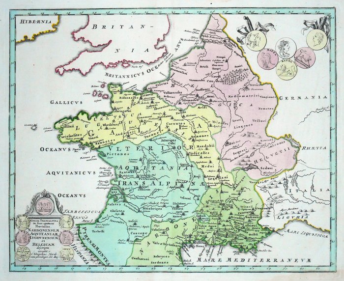 Europa - Frankrig, Belgien; C. Weigel - Gallia Transalpina in suas quatuor Provincias Narbonensem Aquitaniam Lugdunensem et Belgicam - 1720