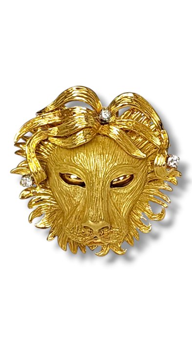 Broche - 18 kraat Gulguld, Fantastisk 18 karat guld- og diamantløvebroche, stor, 37 gram