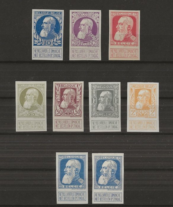 Belgien 1905 - Grove Baard COLOR PROOFS endelig gravering - Komplet sæt + 2x 25c Blå uperforeret - OBP/COB 74/80, Stes 2411/2417