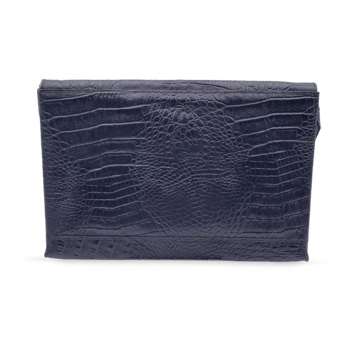 Fendi - Vintage Black Embossed Portfolio Envelope Clutch Bag with Strap - Skuldertaske