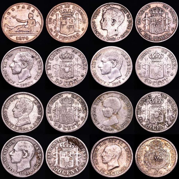 Spanien. Gobierno provisional, Alfonso XII y XIII. Conjunto de 8 monedas de plata de finales del siglo XIX.  (Ingen mindstepris)