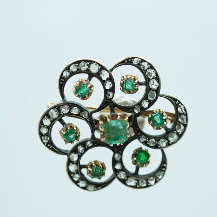 Broche - 14 karat Gulguld Smaragd - Diamant