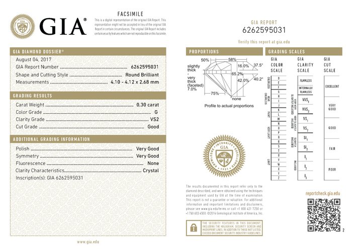 Ingen mindstepris - 1 pcs Diamant  (Natur)  - 030 ct - Rund - G - VS2 - Gemological Institute of America (GIA)