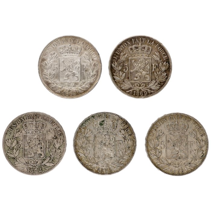 Belgien Leopold II (1865-1909) 5 Francs 1868/1876 (5 stuks)  (Ingen mindstepris)