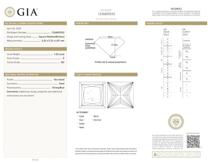 1 pcs Diamant  (Natur)  - 1.02 ct - Kvadrat - K - SI2 - Gemological Institute of America (GIA) - n149