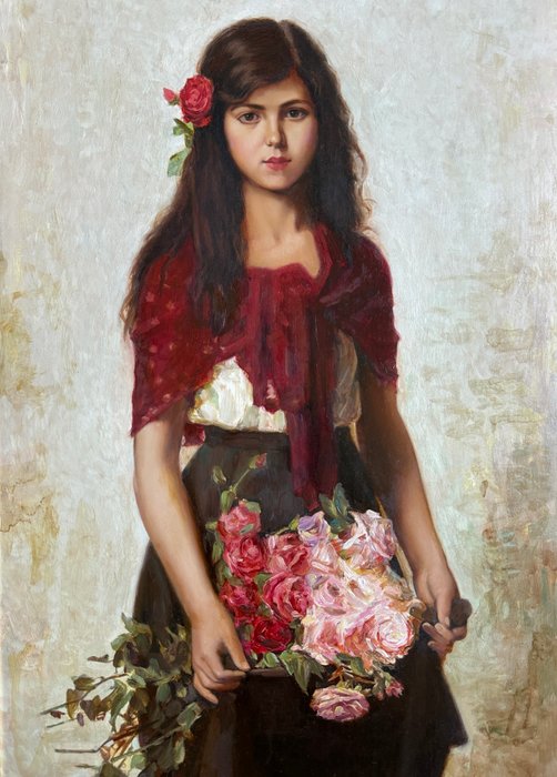 Igor Tari (XX), Russian School - A portrait of a girl holding a bunch of flowers