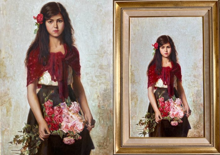 Igor Tari (XX), Russian School - A portrait of a girl holding a bunch of flowers