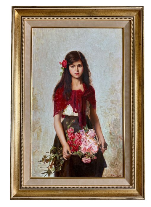 Igor Tari (XX), Russian School - A portrait of a girl holding a bunch of flowers