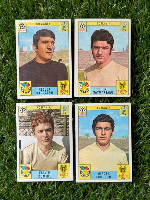 1970 Panini Mexico 70 World Cup Romania - Raducanu, Domide, Satmareanu, Lucescu - 4 Card - Glimrende (EX)