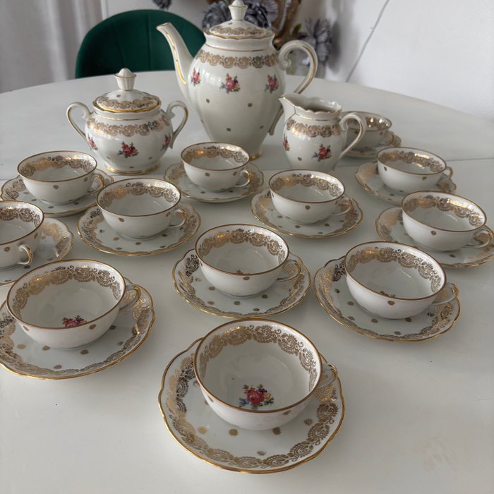 Service à thé / café ancien et rare en porcelaine véritable de France motif fleur - Fernand Deshoulières à Chauvigny - Kaffesæt til 12 - Porcelæn