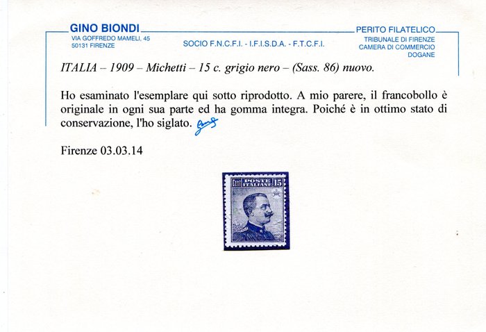 Italien Kongerige 1909 - Michetti - 15c. grigio nero - Sassone 86