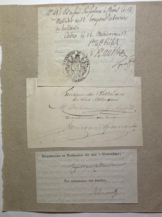 Martinus Cornelis Bichon van IJsselmonde Carel Marius Storm van 's Gravesande - Fragment of 3 autograph letters signed of the mayors of Rotterdam and Gravenhagen and french préfet - 1813