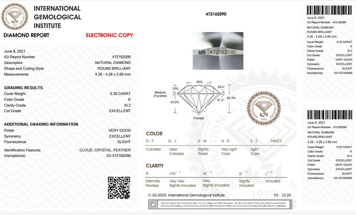 1 pcs Diamant  (Natur)  - 0.30 ct - Rund - K - SI2 - International Gemological Institute (IGI) - Premium Diamond EX VG EX