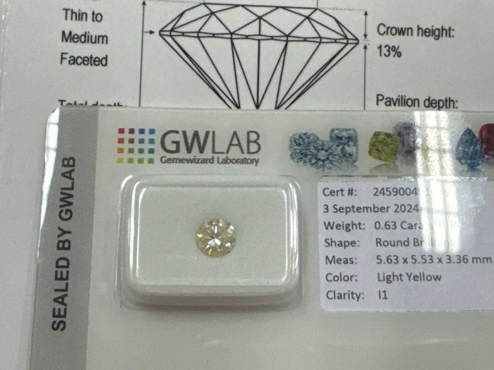 Ingen mindstepris - 1 pcs Diamant  (Naturfarvet)  - 063 ct - Rund - Light Gul - I1 - Gemewizard Gemological Laboratory (GWLab)