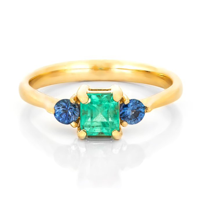 Ring - 14 karat Gulguld -  083ct tw Smaragd - Safir - Naturlig colombiansk smaragd