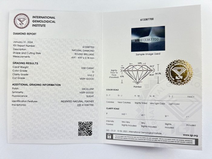 1 pcs Diamant  (Natur)  - 0.50 ct - Rund - D (farveløs) - VVS2 - International Gemological Institute (IGI)