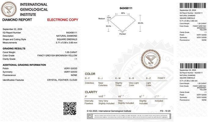 Ingen mindstepris - 1 pcs Diamant  (Naturfarvet)  - 1.05 ct - Smaragd - Fancy Brunlig, Grålig Gul - I1 - International Gemological Institute (IGI)