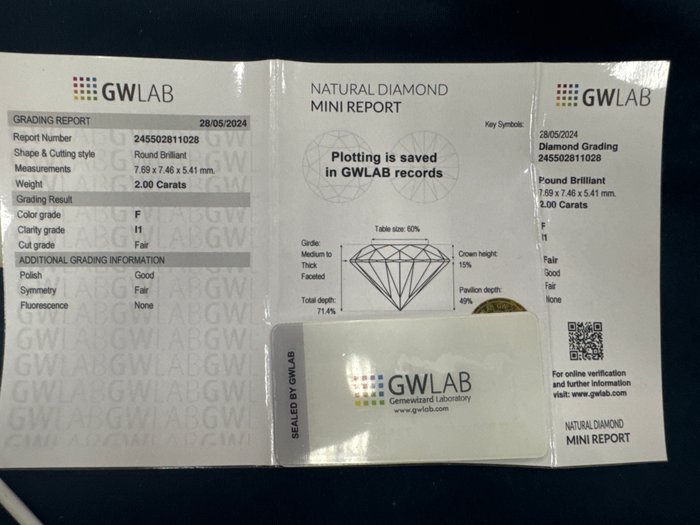 1 pcs Diamant  (Natur)  - 2.00 ct - Rund - F - I1 - Gemewizard Gemological Laboratory (GWLab)