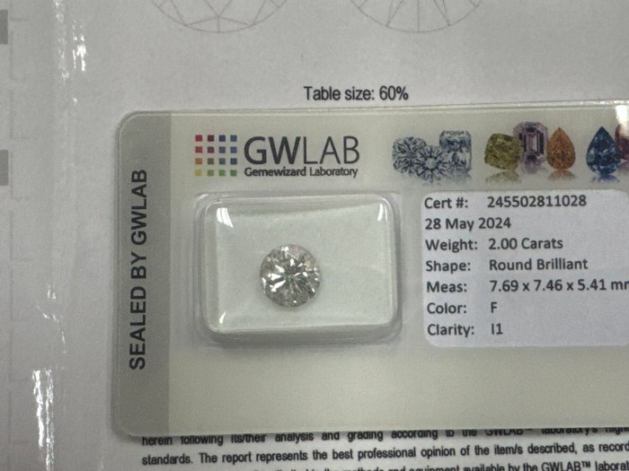 1 pcs Diamant  (Natur)  - 2.00 ct - Rund - F - I1 - Gemewizard Gemological Laboratory (GWLab)