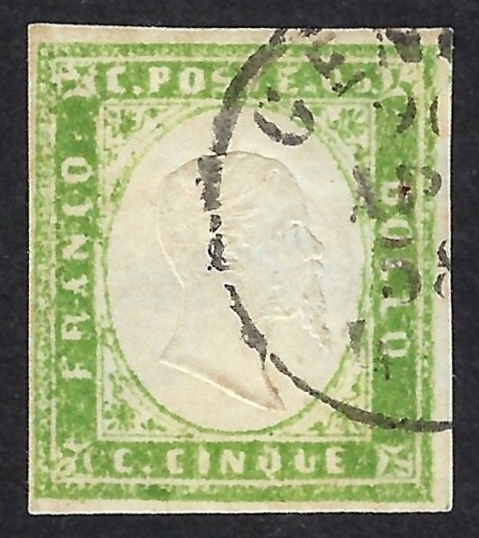 Antikke Italienske Stater - Sardinien 1861 - Effigie di Vitorio Emanuele II 5c Verde giallo (I-stampa difettosa) - N. 13Ah