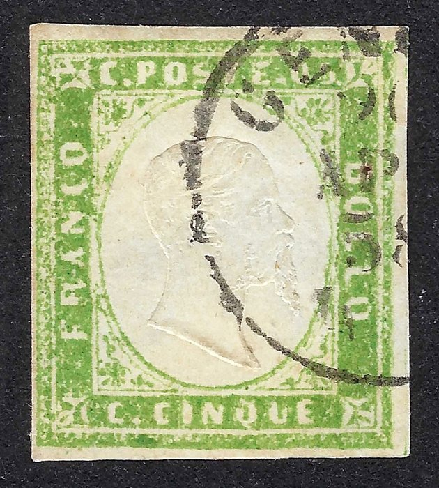 Antikke Italienske Stater - Sardinien 1861 - Effigie di Vitorio Emanuele II 5c Verde giallo (I-stampa difettosa) - N. 13Ah