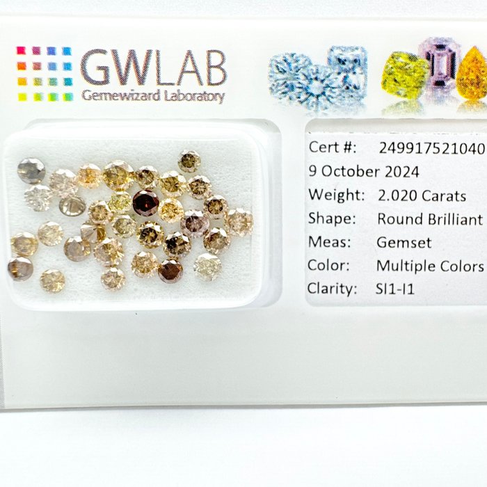 Ingen mindstepris - 32 pcs Diamant  (Naturfarvet)  - 2.02 ct - Rund Blandede farver - I1, SI1, SI2, SI3 - Gemewizard Gemological Laboratory (GWLab)