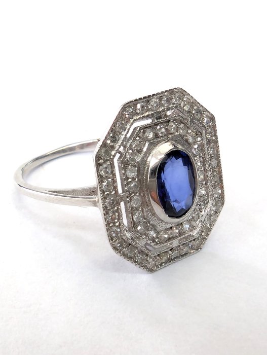 Ring - 18 kraat Hvidguld Safir - Diamant