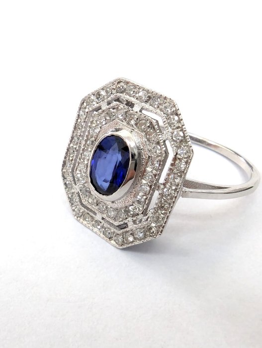 Ring - 18 kraat Hvidguld Safir - Diamant