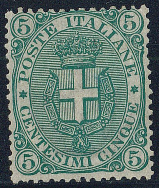 Italien Kongerige 1891 - Våbenskjold 5 øre. grøn n. 59. God centrering. Chiavarello Cert.