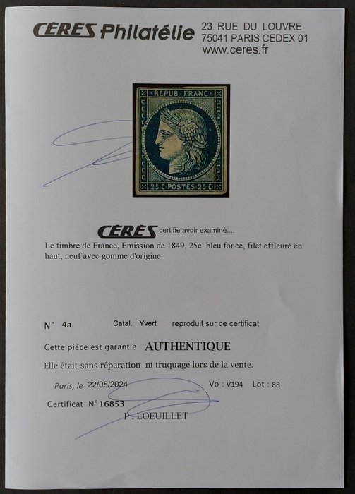 Frankrig 1850 - Utakket Ceres, 25 c. mørkeblå, Cérès og Scheller certifikater - Yvert 4a